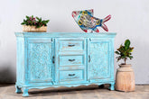 Indian Solid Wood Hand Carved Sideboard Blue